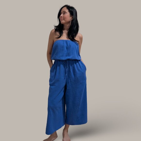 Aerie Royal Blue Gauzy Strapless Jumpsuit with Pockets - Medium - Picture 2 of 10